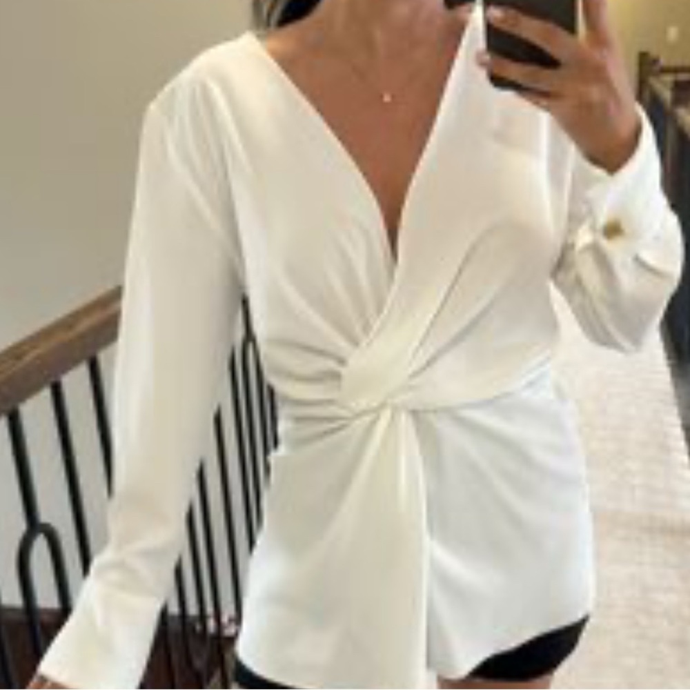 Off White crepe long sleeve wrap blouse. Long sleeves, gold button cuff!  Size S